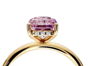 Hidden Halo Engagement Ring Setting for Fancy Pink Radiant Cut Center with Thin Round-Wire Band and Prong Head in Yellow Gold