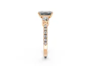 3 Stone Engagement Ring Setting for Emerald Cut Center with Round Cut Side Accents and Prong Head in Rose Gold