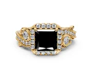 Bypass Halo Engagement Ring Setting for Fancy Black Princess Cut Center with Bezel Accents, Milgrain and Prong Head in Yellow Gold