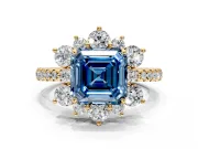 Floral Halo Engagement Ring Setting for Fancy Blue Asscher Cut Center with Pave Accents and Prong Head in Yellow Gold