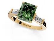 3 Stone Engagement Ring Setting for Fancy Green Radiant Cut Center with Channel Baguette Accents and Prong Head in Yellow Gold