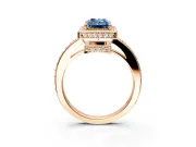 Halo Engagement Ring Setting for Fancy Blue Radiant Cut Center with Metal-Rimmed Halo, Pave Band and Prong Head in Rose Gold