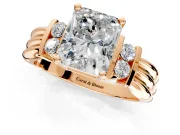 Solitaire Engagement Ring Setting for Radiant Cut Center with Grooved Bar Accent Band and Prong Head in Rose Gold