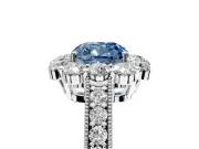 Halo Engagement Ring Setting for Fancy Blue Cushion Cut Center with Milgrain Channel Band and Prong Head in White Gold