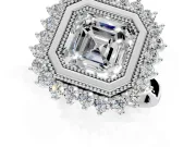 Halo Engagement Ring Setting for Asscher Cut Center with Milgrain Bezel Rim, Plain Band and Prong Head in Sterling Silver