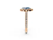 Pave Halo Engagement Ring Setting for Fancy Blue Pear-Shaped Center with Single Row Pave Band and Prong Head in Rose Gold