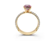Solitaire Engagement Ring Setting for Fancy Pink Radiant Cut Center with Domed Multi-Row Pave Band and Prong Head in Yellow Gold