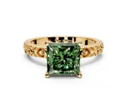 Solitaire Engagement Ring Setting for Fancy Green Princess Cut Center with XO Engraved Band and Prong Head in Yellow Gold