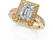 Halo Engagement Ring Setting for Emerald Cut Center with Framed Halo, Pave Band and Prong Head in Yellow Gold