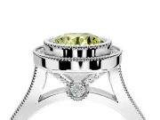 Halo Engagement Ring Setting for Fancy Yellow Round Cut Center with Milgrain Frame, Pave Band and Prong Head in White Gold