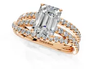 Solitaire Engagement Ring Setting for Emerald Cut Center with Woven 3-Strand Pave Band and Prong Head in Rose Gold