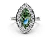 Halo Engagement Ring Setting for Fancy Green Marquise Center with Milgrain Frame, Pave Band and Prong Head in White Gold