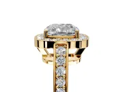 Bezel-Framed Halo Engagement Ring Setting for Cushion Cut Center with Pave Band and Prong Head in Yellow Gold