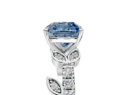 Leaf Motif Engagement Ring Setting for Fancy Blue Cushion Cut Center with Pave Band and Prong Head in Sterling Silver
