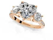 3 Stone Engagement Ring Setting for Heart-Shaped Center with Crossover Basket, Pave Band and Prong Head in Rose Gold