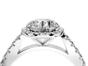 Halo Engagement Ring Setting for Round Cut Center with Full Pave Band and Prong Head in Platinum