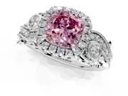 Milgrain Halo Engagement Ring Setting for Fancy Pink Cushion Cut Center with Shoulder Bezels and Prong Head in Sterling Silver