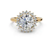Starburst Halo Engagement Ring Setting for Round Cut Center with Thin Round-Wire Band and Prong Head in Yellow Gold