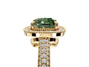 Milgrain Halo Engagement Ring Setting for Fancy Green Cushion Cut Center with Three-Sided Pave Band and Prong Head in Yellow Gold