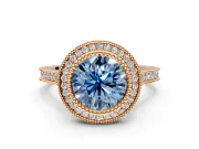Halo Engagement Ring Setting for Fancy Blue Round Cut Center with Milgrain Frame, Pave Band and Prong Head in Rose Gold