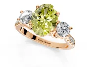 3 Stone Engagement Ring Setting for Fancy Yellow Oval Center with Crossover Basket, Pave Band and Prong Head in Rose Gold