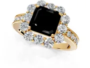Halo Engagement Ring Setting for Fancy Black Asscher Cut Center with Milgrain Channel Band and Prong Head in Yellow Gold