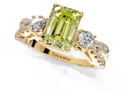 3 Stone Engagement Ring Setting for Fancy Yellow Emerald Cut Center with Pave Split Shank and Prong Head in Yellow Gold