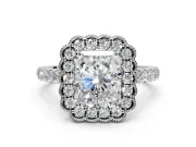 Milgrain Floral Halo Engagement Ring Setting for Radiant Cut Center with Pave Band and Prong Head in Platinum