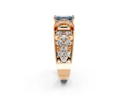 Pave Engagement Ring Setting for Fancy Blue Emerald Cut Center with Curved Accent Rows, Openwork and Prong Head in Rose Gold