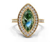 Halo Engagement Ring Setting for Fancy Green Marquise Center with Milgrain Frame, Pave Band and Prong Head in Yellow Gold