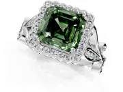 Halo Engagement Ring Setting for Fancy Green Asscher Cut Center with Leaf Motif Split Shank and Prong Head in White Gold