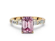 Baguette Engagement Ring Setting for Fancy Pink Emerald Cut Center with Alternating Bar-Set Band and Prong Head in Yellow Gold