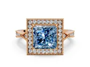 Halo Engagement Ring Setting for Fancy Blue Princess Cut Center with Milgrain Rim, Pave Band and Prong Head in Rose Gold