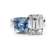 Fancy Blue Cushion Cut and Emerald Cut Lab-Grown Diamond Toi et Moi Engagement Ring with Prong-Set Stones in Sterling Silver