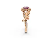 Halo Engagement Ring Setting for Fancy Pink Cushion Cut Center with Leaf Motif Split Shank and Prong Head in Rose Gold