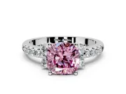 Paired Accent Engagement Ring Setting for Fancy Pink Cushion Cut Center with Pave Band and Prong Head in Platinum