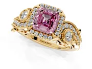Milgrain Halo Engagement Ring Setting for Fancy Pink Asscher Cut Center with Shoulder Bezels and Prong Head in Yellow Gold