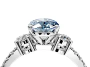 3 Stone Engagement Ring Setting for Fancy Blue Oval Center with Round Cut Side Accents and Prong Head in Sterling Silver