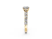 Shared-Prong Engagement Ring Setting for Cushion Cut Center with Graduated Accents and Prong Head in Yellow Gold