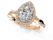 Halo Engagement Ring Setting for Pear-Shaped Center with Pave and Plain Twist Band and Prong Head in Rose Gold