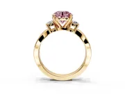3 Stone Engagement Ring Setting for Fancy Pink Round Cut Center with Pave Twist Band and Prong Head in Yellow Gold