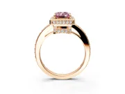 Halo Engagement Ring Setting for Fancy Pink Emerald Cut Center with Metal-Rimmed Halo, Pave Band and Prong Head in Rose Gold