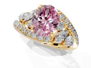 Halo Engagement Ring Setting for Fancy Pink Oval Center with Marquise and Pave Bypass Band and Prong Head in Yellow Gold