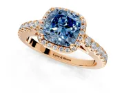 Halo Engagement Ring Setting for Fancy Blue Cushion Cut Center with Full Pave Band and Prong Head in Rose Gold