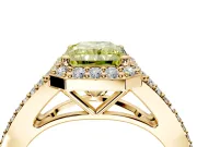Halo Engagement Ring Setting for Fancy Yellow Radiant Cut Center with Pave Split Shank and Prong Head in Yellow Gold