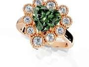Cluster Halo Engagement Ring Setting for Fancy Green Heart-Shaped Center with Milgrain Bezel Accents and Prong Head in Rose Gold