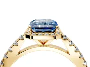 Halo Engagement Ring Setting for Fancy Blue Radiant Cut Center with Full Pave Band and Prong Head in Yellow Gold