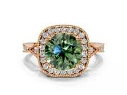 Halo Engagement Ring Setting for Fancy Green Round Cut Center with Milgrain Rim, Pave Band and Prong Head in Rose Gold