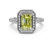 Milgrain Halo Engagement Ring Setting for Fancy Yellow Emerald Cut Center with Three-Sided Pave Band and Prong Head in Platinum