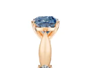 Solitaire Engagement Ring Setting for Fancy Blue Cushion Cut Center with Carved Leaf Shoulders and Prong Head in Rose Gold